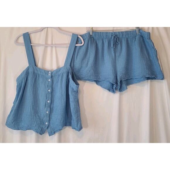 Lake Hampton Serene Blue Top Shorts Pajamas Set Gauze XXL Plus Cotton Blend - Picture 3 of 13